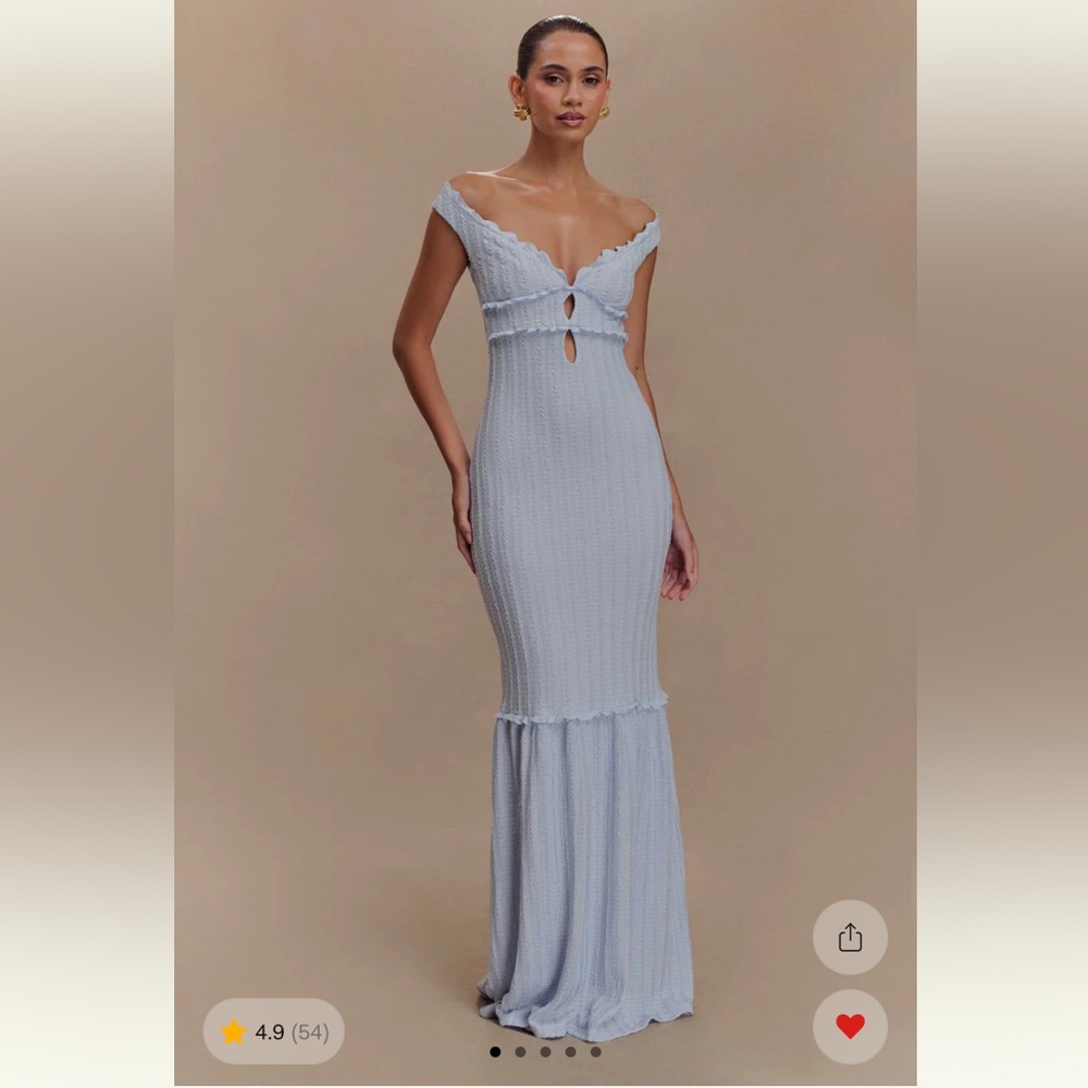 Meshki Light Blue sky blue off shoulder maxi dress ruched so flattering